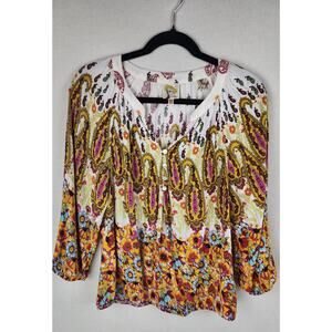 Fig & Flower Blouse Women's M Paisley Floral 3/4 Sleeve Boho Hippie gypsy comfy